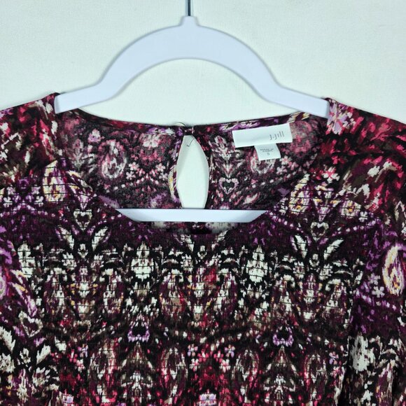 J. Jill Blouse Women's Size Small Purple Black Mixed Print Smocked Bodice - Picture 7 of 14
